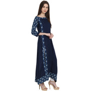 Navy Blue 3/4 sleeve cotton slub long kurta