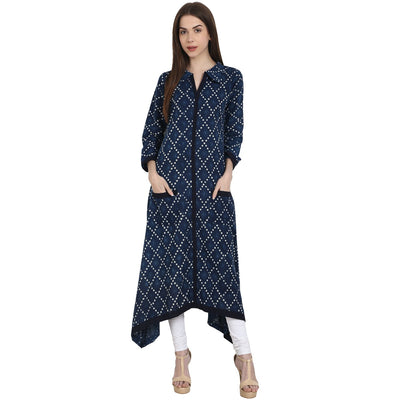 Nayo Women Printed Blue Long Sleeves Shirt Collar Cotton A-Line Kurta