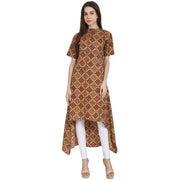 Multi printed half sleeve low high cotton kurta