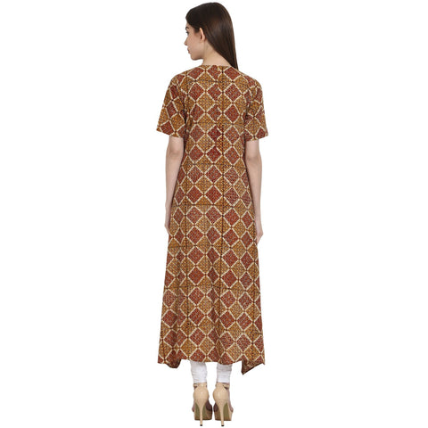 Multi printed half sleeve low high cotton kurta
