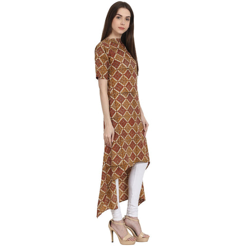 Multi printed half sleeve low high cotton kurta