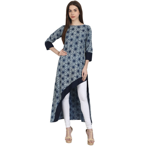Blue printed 3/4 sleeve assymetrical cotton kurta