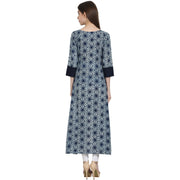 Blue printed 3/4 sleeve assymetrical cotton kurta