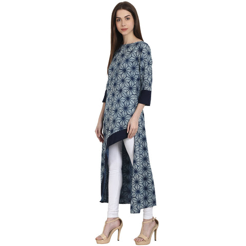 Blue printed 3/4 sleeve assymetrical cotton kurta