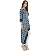 Blue printed 3/4 sleeve assymetrical cotton kurta