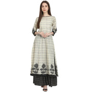 Beige tree printed cotton kurta with black printed skirt