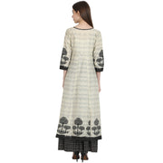 Beige tree printed cotton kurta with black printed skirt