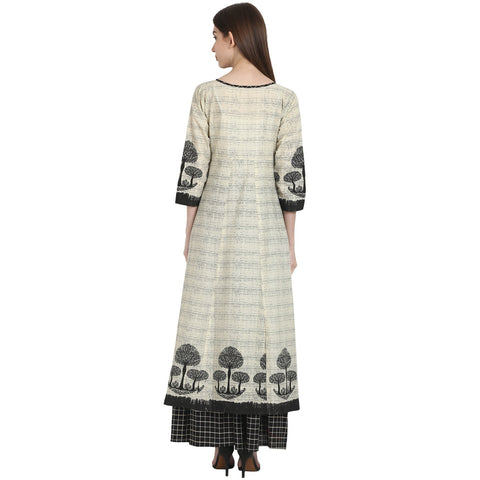 Beige tree printed cotton kurta with black printed skirt