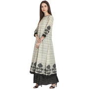 Beige tree printed cotton kurta with black printed skirt