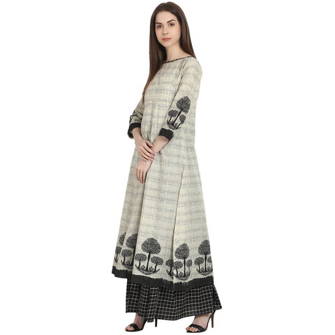 Beige tree printed cotton kurta with black printed skirt