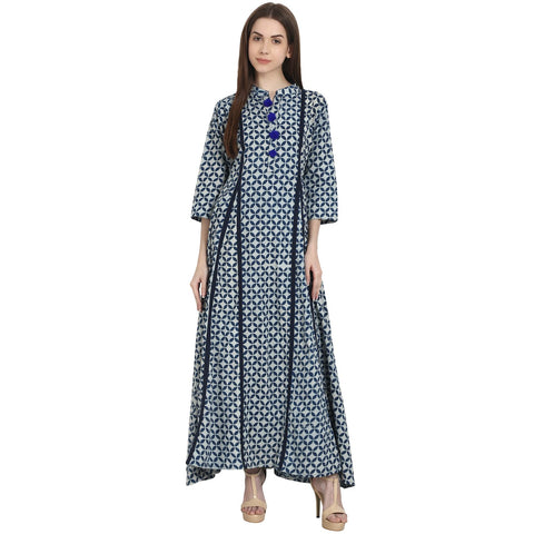 Nayo Women Printed Blue Three-Quarter Sleeves Mandarin Collar Cotton A-Line Kurta