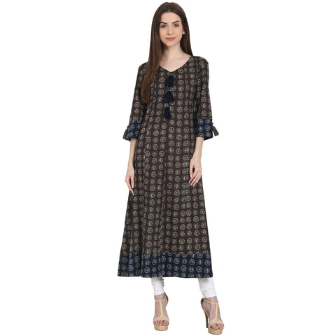 Nayo Women Printed Coffee Brown Three-Quarter Sleeves V-Neck Cotton A-Line Kurta