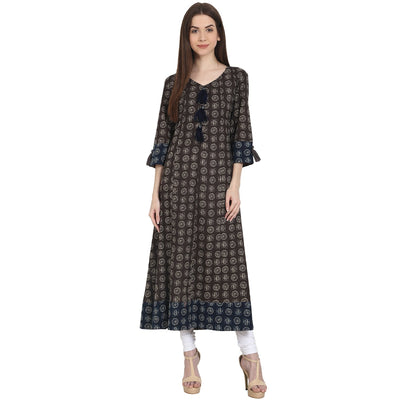 Coffee brown printed 3/4 sleeve cotton A-Line kurta