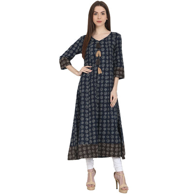 Blue & coffee brown printed 3/4 sleeve cotton A-line kurta