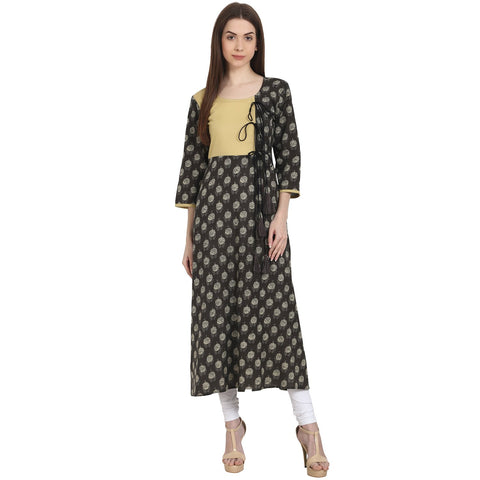 Nayo Women Printed Black Three-Quarter Sleeves Scoop Neck Cotton A-Line Kurta