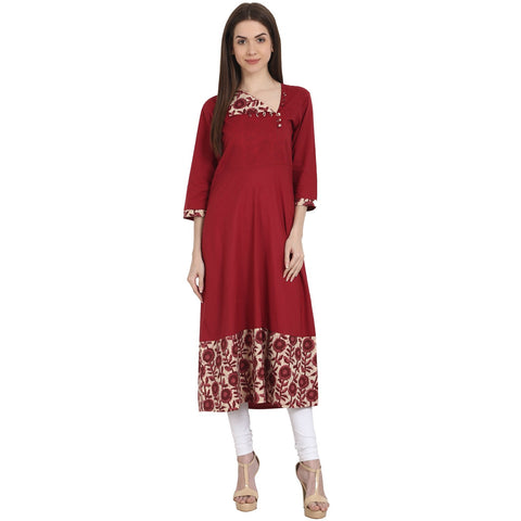 Maroon 3/4 sleeve cotton A-Line kurta