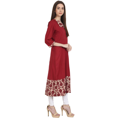 Maroon 3/4 sleeve cotton A-Line kurta