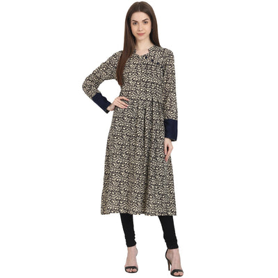 Nayo Women Printed Coffee Brown Long Sleeves Scoop Neck Rayon A-Line Kurta