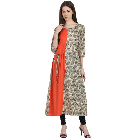 Beige printed 3/4 sleeve cotton anarkali kurta