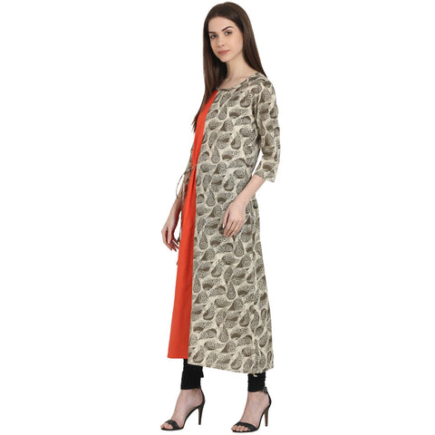 Beige printed 3/4 sleeve cotton anarkali kurta