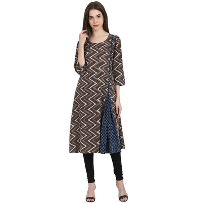 Nayo Women Printed Grey Three-Quarter Sleeves Scoop Neck Cotton Straight Kurta