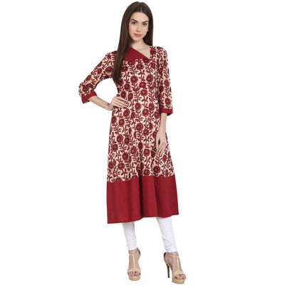 Maroon printed 3/4 sleeve cotton A-Line kurta