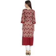 Maroon printed 3/4 sleeve cotton A-Line kurta
