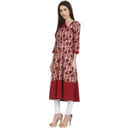 Maroon printed 3/4 sleeve cotton A-Line kurta