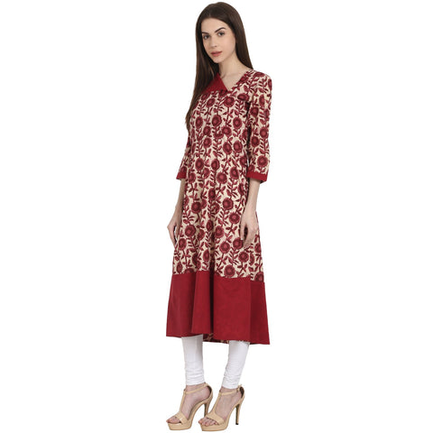 Maroon printed 3/4 sleeve cotton A-Line kurta