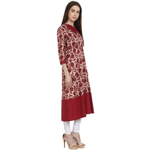 Maroon printed 3/4 sleeve cotton A-Line kurta