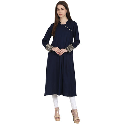 Blue full sleeve cotton A-line kurta