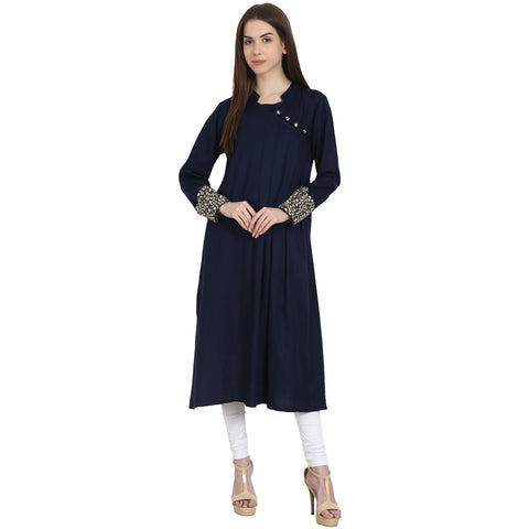 Blue full sleeve cotton A-line kurta