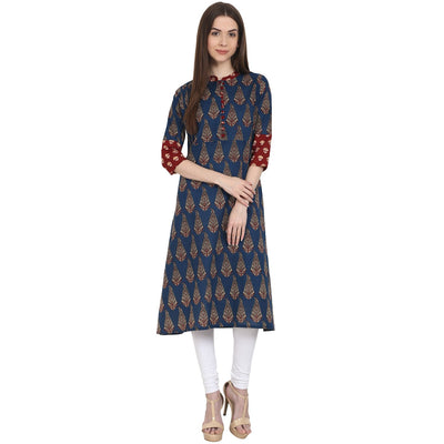 Blue printed 3/4 sleeve cotton A-Line kurta