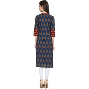 Blue printed 3/4 sleeve cotton A-Line kurta
