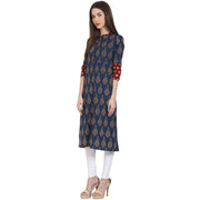 Blue printed 3/4 sleeve cotton A-Line kurta