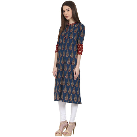 Blue printed 3/4 sleeve cotton A-Line kurta