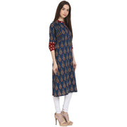 Blue printed 3/4 sleeve cotton A-Line kurta