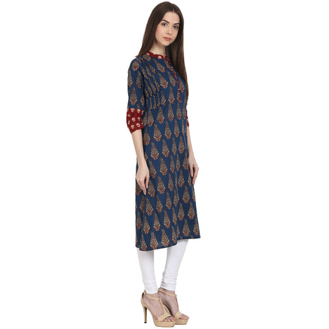 Blue printed 3/4 sleeve cotton A-Line kurta