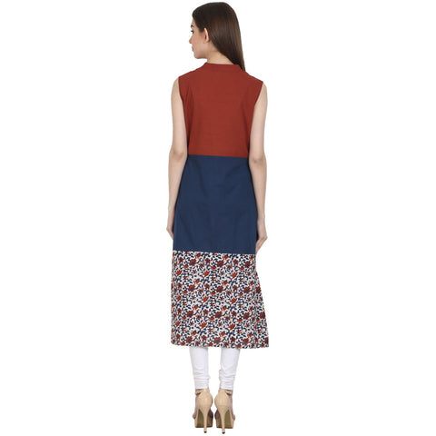 Multi printed sleevless cotton A-Line kurta