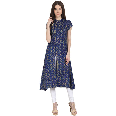 Blue printed cap sleeve rayon front open kurta