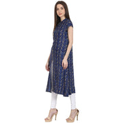 Blue printed cap sleeve rayon front open kurta