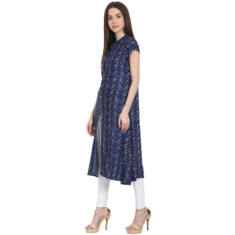 Blue printed cap sleeve rayon front open kurta