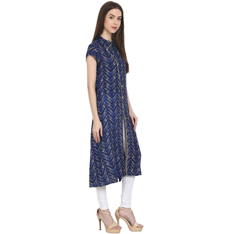 Blue printed cap sleeve rayon front open kurta