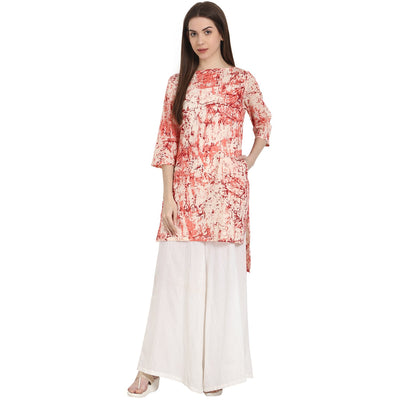 Peach printed 3/4 sleeve low high  cotton Kurta
