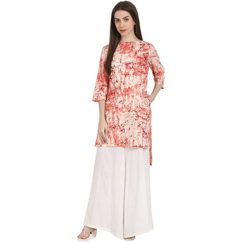 Peach printed 3/4 sleeve low high  cotton Kurta