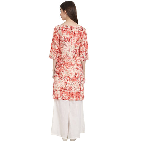 Peach printed 3/4 sleeve low high  cotton Kurta
