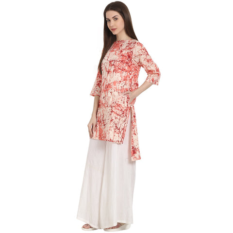 Peach printed 3/4 sleeve low high  cotton Kurta