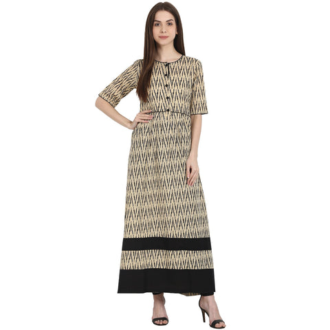 Beige printed half sleeve cotton long kurta