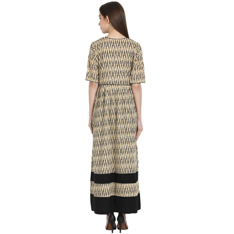 Beige printed half sleeve cotton long kurta