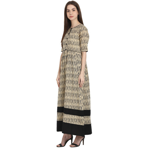Beige printed half sleeve cotton long kurta